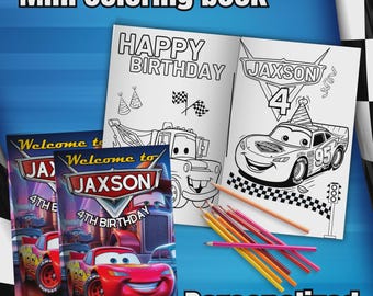 May include: A personalized mini coloring book with the text "Mini coloring book", "Happy Birthday", and "Jaxson". The cover features a red race car. Inside, the coloring pages have line drawings of cars and birthday-themed images. Colored pencils are included.