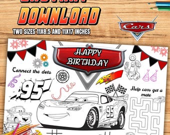 Cars Birthday Coloring Placemat, Lightning McQueen Activity Set (Digital Download) S57