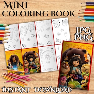 Może przedstawiać: Mini książeczka do kolorowania z napisem "MINI COLORING BOOK" na górze. Książka zawiera ilustracje postaci z kreskówek oraz tekst "THANK YOU" i "WELCOME TO". Widoczne są również słowa "THIS FUN SPY PARTY!". Słowa "INSTANT DOWNLOAD" znajdują się na dole.