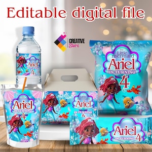 Paquete de fiesta editable de la Sirenita Ariel, bolsa de papas fritas de Ariel, etiqueta para botella de Ariel, etiqueta para chocolate de Ariel, caja de Ariel Gable, archivo digital editable A56