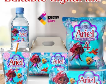 Kit de festa da Ariel, a Pequena Sereia, editável, para embalagens de batatas fritas e etiquetas (download digital) A56