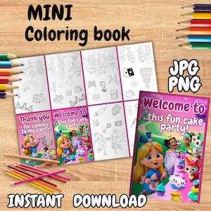 May include: A mini coloring book with the text "MINI Coloring book" and "INSTANT DOWNLOAD". The cover says "Welcome to this fun cake party!" and "Thank you for coming to my party!". The image includes colored pencils.