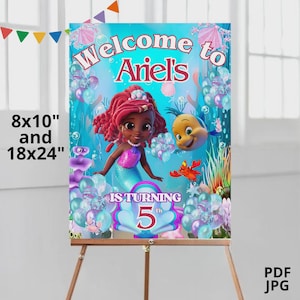 Aquarelle kleine Meerjungfrau Ariel Willkommensschild, Ariel Willkommensplakat, Ariel Geburtstagsschild, Ariel Bearbeitbares Willkommen, Individuelle Sige, S10