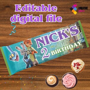 May include: A teal and green birthday banner with the text "NICK'S 2ND BIRTHDAY" featuring cartoon characters. The words "Editable digital file" are at the top. Three cupcakes are at the bottom.