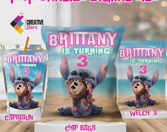 Paquete de fiesta Stitch editable, bolsa de patatas fritas, etiqueta Capri Sun (archivo digital)