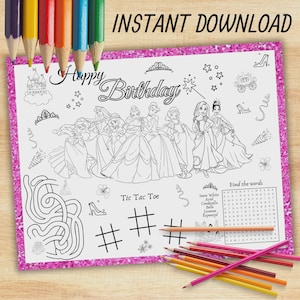 Princess disney Birthday Placemat, Princess Party, Coloring Activity Mat,Kids Party Activity,Princess Coloring Page,INSTANT DOWNLOAD P31