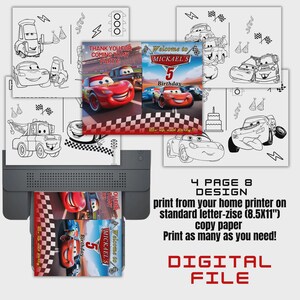 May include: A digital file print of Cars-themed birthday party invitations. The design includes images of Lightning McQueen and other characters, with text that reads "Welcome to Mickael's 5th Birthday." The design is in color and black and white.