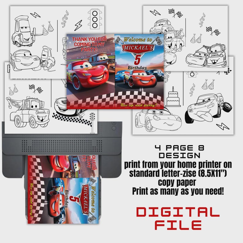 May include: A digital file print of Cars-themed birthday party invitations. The design includes images of Lightning McQueen and other characters, with text that reads "Welcome to Mickael's 5th Birthday." The design is in color and black and white.
