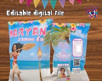 Bolsas de patatas fritas de Moana editables, recuerdos para fiestas de cumpleaños (descarga digital) M06