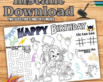 Little Thor Birthday Coloring Placemat, Thor chibi Activity Set (Digital Download) T42