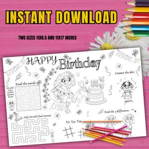 Puede incluir: Una página para colorear imprimible con el texto "INSTANT DOWNLOAD" y "HAPPY Birthday". La página presenta una ilustración de dibujos animados de una niña, una tarta de cumpleaños y varias actividades como una búsqueda de palabras, conectar los puntos y tic-tac-toe. Incluye lápices de colores.