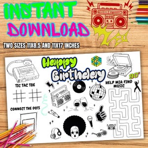 May include: A black and white printable Happy Birthday party game sheet with a 90s theme. Features a boombox, cassette player, tic-tac-toe, connect the dots, and a maze. The text reads "Instant Download" and "Two sizes 27.9x21.6cm and 43.2x27.9cm."