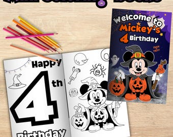 May include: Mini coloring books with a Halloween theme. One book is open, showing a large number 4 and the words "Happy 4th Birthday". The other book cover says "Welcome to Mickey's 4 Birthday". Colored pencils are on the wooden surface.