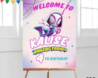 Letrero de bienvenida para cumpleaños de la Chica Araña Fantasma, Póster de fiesta editable de araña (Descarga digital) G38
