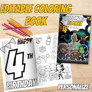 May include: An open coloring book with the text "4th Birthday" and "Editable Coloring Book". A closed book cover reads "Welcome to Rocket 4th Birthday". Colored pencils are on the left.