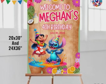 Könnte beinhalten: Geburtstagsschild auf einer Staffelei mit dem Text "Welcome to Meghan's 4th Birthday July 30, 2024". Es zeigt Illustrationen von Lilo und Stitch, umgeben von Blumen- und Fruchtdarstellungen. Maße: 50,8x76,2 cm und 61x91,4 cm.