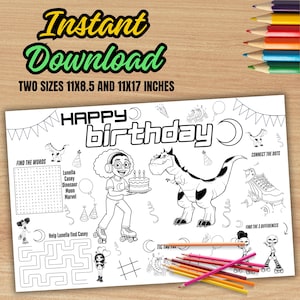 May include: A black and white coloring page with the words "Happy Birthday" and various activities, including a word search, connect-the-dots, and tic-tac-toe. The page features illustrations of a dinosaur, a person on roller skates, and a birthday cake. The text "Instant Download" is at the top.