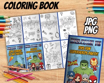 Chibi Superheros Mini Coloring Book, Party Birthday (Instant Download) SH16