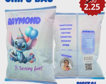 Editable Stitch Birthday Chip Bag, Party Favor Template (Digital Download) ST03 ST03