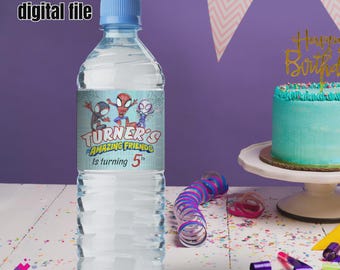 Spidey and Friends Water Bottle Label, Editable Birthday Party (Digital File) S11