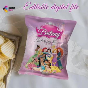 Editable Disney princess Chip Bags for party favors, Disney princesses party bags, Theme birthday, Custom chip bags, DIGITAL DOWNLOAD P31