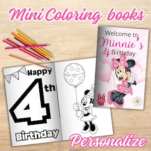 May include: Mini colouring books with a Minnie Mouse theme. One book cover reads "Welcome to Minnie's 4th Birthday". Inside, colouring pages feature Minnie Mouse and a large number 4. Colouring pencils are scattered on the wooden surface.