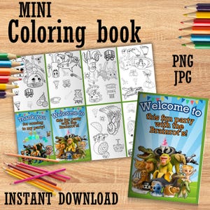 May include: A mini coloring book with the text "MINI Coloring book" at the top. The book is open, revealing black and white illustrations. The cover reads "Welcome to this fun party with the Brainrot's!" and "Thank you for coming to my party!" Colored pencils are scattered around.