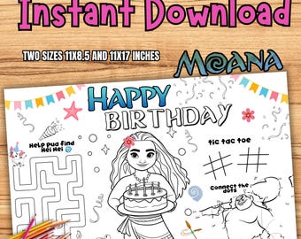 Moana Birthday Activity Placemat, Coloring Page (Instant Download) M06