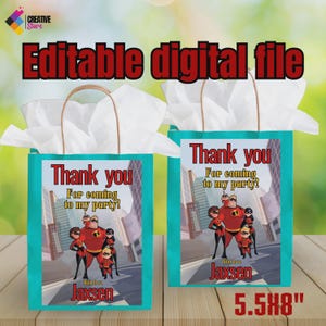 Etiquetas editables para bolsas de regalo de Los Increíbles, bolsas de golosinas de Los Increíbles, bolsas de refrigerio de Los Increíbles, bolsas de recuerdos para fiestas temáticas, archivo digital I18