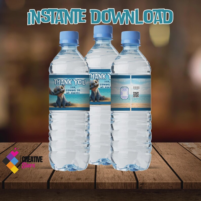 May include: Three clear water bottles with blue caps. Each bottle has a label featuring a cartoon character on a beach scene with the text "THANK YOU FOR COMING TO MY PARTY!" The words "INSTANTE DOWNLOAD" are at the top.