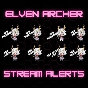 Puede incluir: Gráfico digital con el texto "ELVEN ARCHER" y "STREAM ALERTS" en neón rosa. La imagen presenta múltiples personajes de dibujos animados de elfos con etiquetas de texto como "NEW FOLLOWER" y "NEW SUBSCRIBER". El fondo es negro con un patrón de panal.