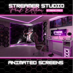 Op de afbeelding: Een digitale streamer studio setup in een roze editie thema met een wit bureau, een roze gaming stoel en een monitor met de tekst STREAM STARTING SOON. De kamer bevat zwarte zeshoekige wandpanelen met roze LED-verlichtingsaccenten.