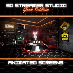 Puede incluir: Una representación 3D de un estudio de juegos con el texto "3D STREAMER STUDIO Geek Edition" y "ANIMATED SCREENS". La habitación presenta una consola central con una luz brillante, estanterías con figuras y letreros que dicen "LIVE", "ALERT! VIDEO GAME IN PROGRESS" y "GAMER ZONE".