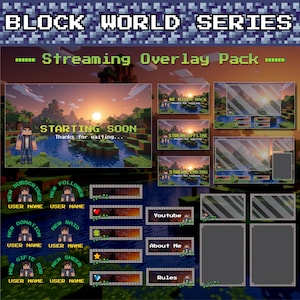 Può includere: Un pacchetto di overlay di streaming digitale con un design pixelato. Il pacchetto include schermate per "Starting Soon", "Be Right Back", "Stream Offline" e "Stream Ending". Include anche grafica per social media e donazioni. Il testo "BLOCK WORLD SERIES" è in alto.