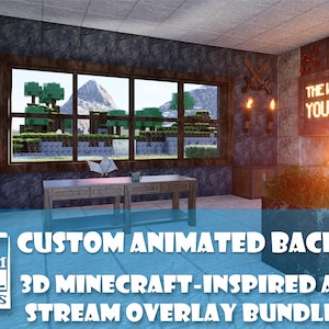 May include: A Minecraft-inspired animated stream overlay bundle. The image shows a room with a window overlooking a pixelated landscape. The text "THE WORLD OF YOUR NAME" is displayed above a fireplace. The text "CUSTOM ANIMATED BACKGROUND" is also visible.