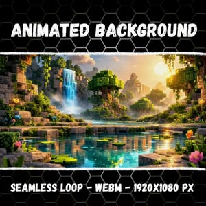 Puede incluir: Un fondo animado que muestra un paisaje pixelado de bloques con una cascada que cae en un estanque. La escena incluye árboles en forma de bloque, terreno de piedra y nenúfares bajo un sol brillante. Texto: ANIMATED BACKGROUND y SEAMLESS LOOP - WEBM - 1920X1080 PX.