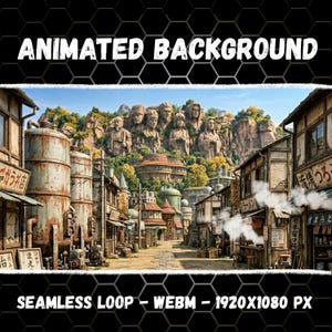 Puede incluir: Un fondo animado que muestra una calle de pueblo con edificios rústicos, tanques industriales oxidados y una montaña al fondo tallada con grandes rostros de piedra. El texto dice ANIMATED BACKGROUND y SEAMLESS LOOP - WEBM - 1920X1080 PX.