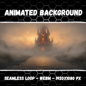 Puede incluir: Un fondo animado que muestra una fortaleza oscura y dentada con vetas de lava naranja brillante, bajo un cielo brumoso al atardecer sobre aguas tranquilas. El texto dice ANIMATED BACKGROUND y SEAMLESS LOOP - WEBM - 1920X1080 PX.