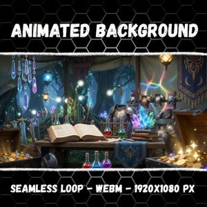 Puede incluir: Un fondo animado que muestra el interior de una tienda de fantasía con un libro abierto, cristales brillantes, pociones, espadas y armaduras sobre una mesa de madera. El texto dice ANIMATED BACKGROUND y SEAMLESS LOOP - WEBM - 1920X1080 PX sobre un patrón de panal.