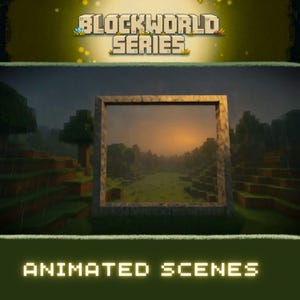 以下が含まれることがあります： BLOCKWORLD SERIES ANIMATED SCENESというタイトルのデジタルグラフィック。ピクセル化された風景の中央に正方形の石のフレームが配置されています。ブロック状の地形、木々、草が夕暮れの空の下に描かれています。