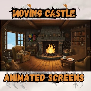 Puede incluir: Escena interior animada con chimenea, sillón y estantería. Se muestra el texto "MOVING CASTLE" y "ANIMATED SCREENS". Una llama de dibujos animados con una cara arde en la chimenea.