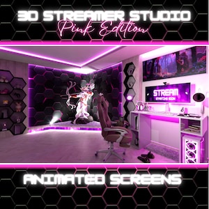 Cozy Pink Gaming Room Animated Stream Package, 3D LoFi Aesthetic Twitch Overlay, Kawaii Sakura Girl Streamer Screens.