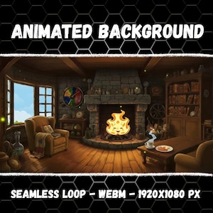 May include: An animated background featuring a cozy room with a stone fireplace, a central fire character, a wooden armchair, a bookshelf, and a table with food. The text reads ANIMATED BACKGROUND and SEAMLESS LOOP - WEBM - 1920X1080 PX.