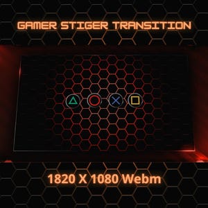 Puede incluir: Gráfico digital con el texto "GAMER STIGER TRANSITION" en naranja. El fondo presenta un patrón de panal en negro y rojo. Cuatro símbolos de mando de juego de colores están en el centro. El texto "1820 X 1080 Webm" está en la parte inferior.