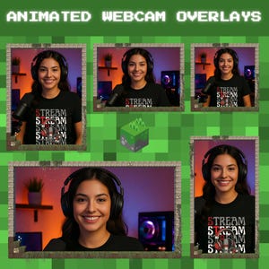 Puede incluir: Superposiciones animadas para webcam con un fondo verde pixelado. Las superposiciones muestran a una mujer con auriculares y una camiseta negra con la palabra "STREAM" en rojo y blanco. Las superposiciones están enmarcadas con un borde de ladrillo.