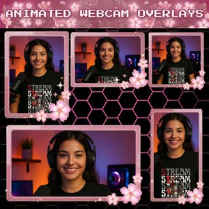 Puede incluir: Un conjunto de superposiciones digitales para cámara web con un borde rosa decorado con flores de cerezo. El diseño incluye varios marcos rectangulares para transmisiones de video, sobre un fondo negro con un patrón hexagonal sutil.