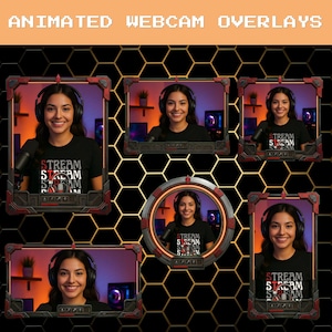 Puede incluir: Una colección de superposiciones de cámara web animadas digitales que presentan un diseño de marco industrial de metal oscuro con detalles en rojo. Los marcos se muestran sobre un fondo hexagonal negro y dorado con el texto ANIMATED WEBCAM OVERLAYS.
