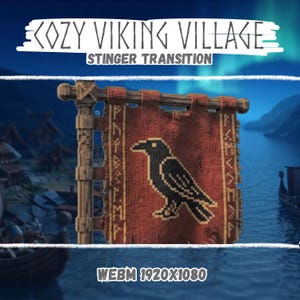 Op de afbeelding: Een digitale afbeelding met het label COZY VIKING VILLAGE STINGER TRANSITION met een rood vaandel met een zwarte raaf en runensymbolen hangend aan een houten paal, met de tekst WEBM 1920X1080 onderaan de afbeelding.