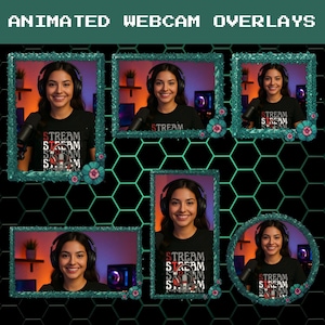 May include: A set of five digital webcam overlays featuring a dark teal, textured floral frame design. The collection includes various rectangular and circular shapes, each displaying a person wearing headphones in front of a microphone.