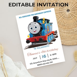 以下が含まれることがあります： 漫画の電車のイラストが描かれた招待状。テキストは「All Aboard the Birthday Express」と「To Celebrate! Thomas's 4th birthday」です。日付、時間、RSVPの詳細が含まれています。「Editable Invitation」の文字が上部にあります。